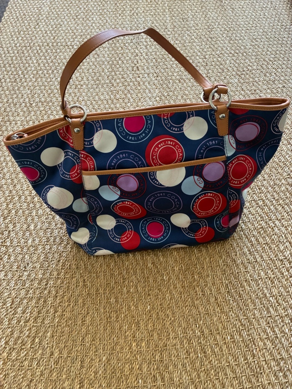 Large Coach Leah Tote Polka Dot Tote, Tan Leather Trim